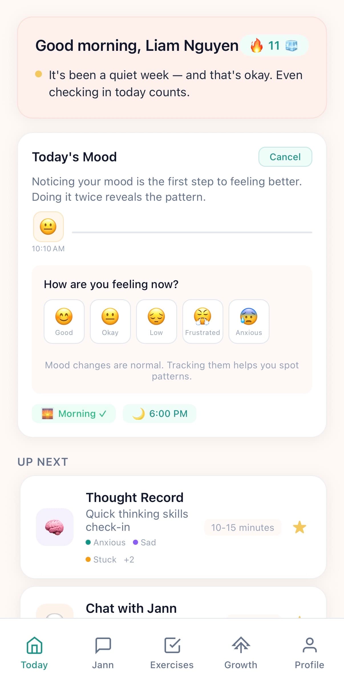 BridgeCalm home screen showing mood check-in, streak, and daily exercises